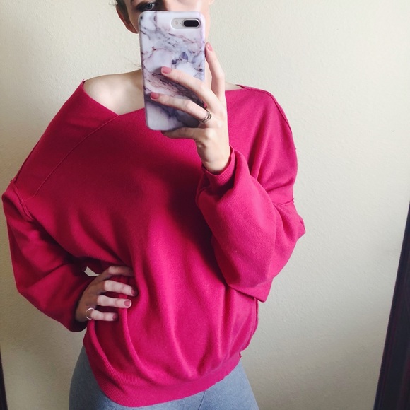 Raspberry Pink Off Shoulder Sweatshirt - Picture 2 of 2